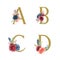 Gold Alphabet florals setÂ collection, Blue-red rose and pink peony flowers bouquets, Design for wedding invitation, celebrate